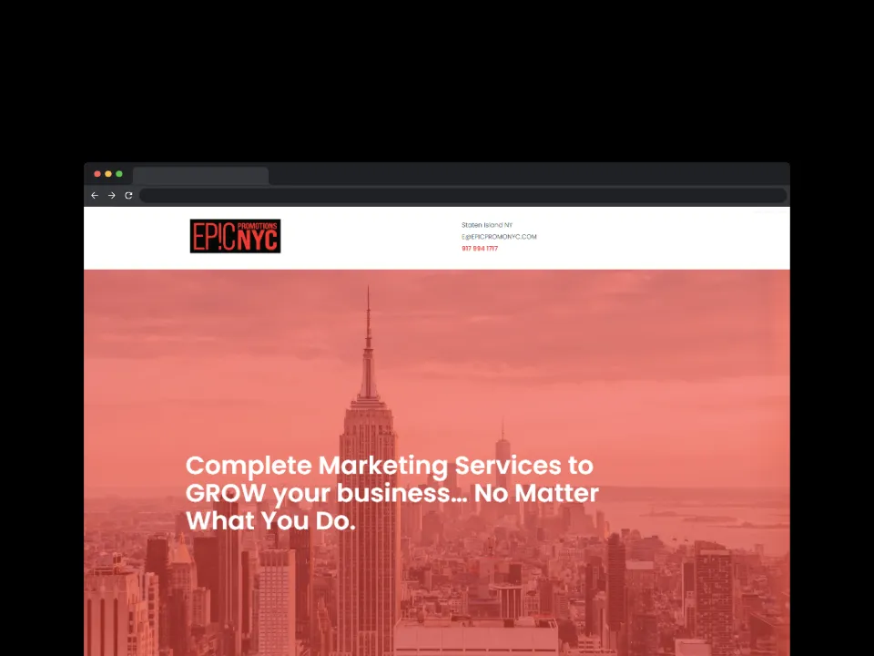 The Epic Promotions NYC website shown in a browser window